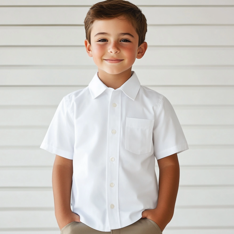 BASIC EDITIONS Boys Short Sleeve Oxford Dress Shirt with Front Pocket - White